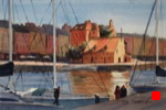 cityscape, landscape, seascape, harbor, boats, honfleur, normandy, france, europe, oberst, original watercolor painting